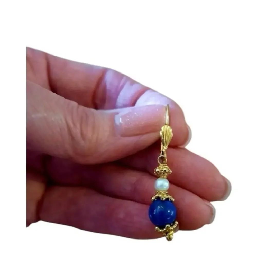 Vintage Lapis Lazuli & Freshwater Pearl Drop Earrings — Classic Blue Gem Dangle